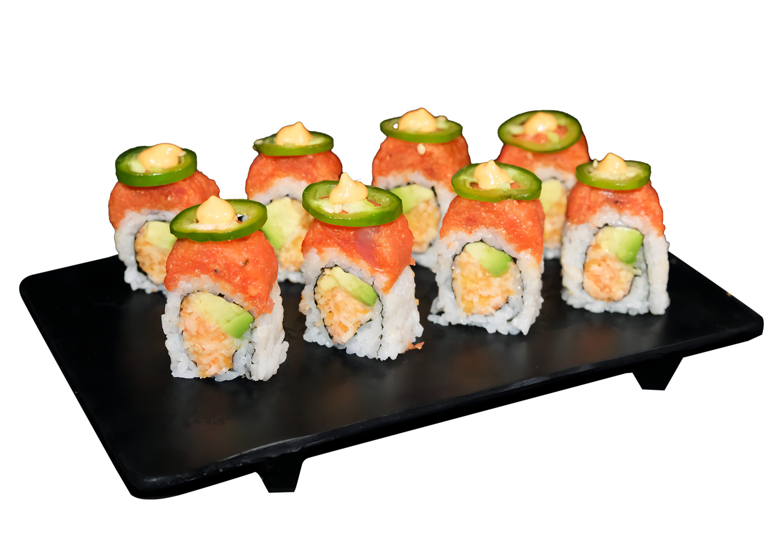 Platter of eight spicy salmon maki rolls garnished with jalapeño slices and creamy sauce on black serving tray at Mr. Teriyaki, a Asian Restaurant in San Antonio