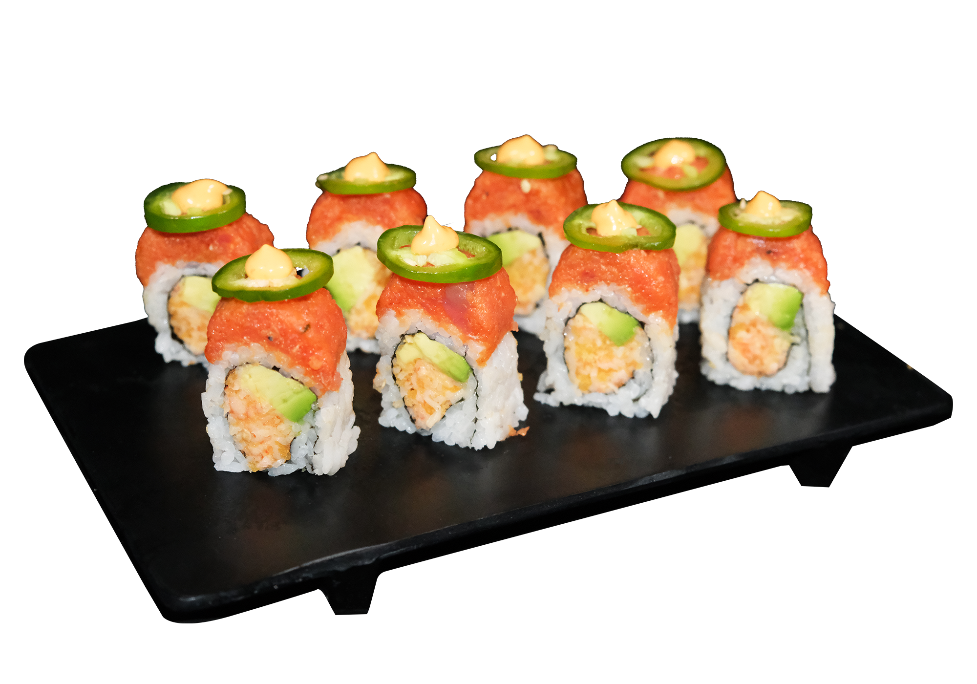 Eight pieces of spicy salmon sushi roll topped with jalapeño and creamy sauce on matte black rectangular tray at Mr. Teriyaki, a Asian Restaurant in San Antonio