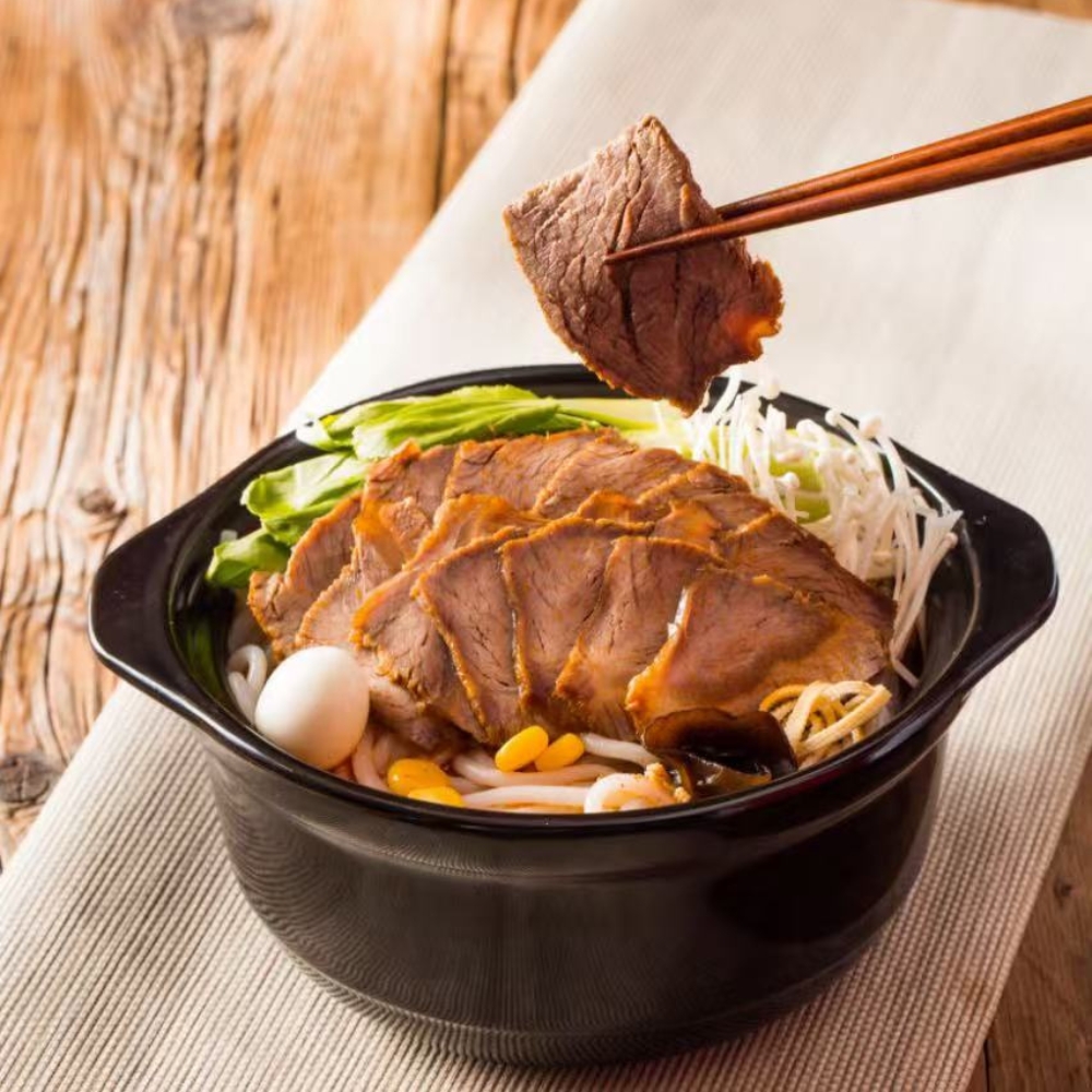 Mr-Zhang-Kitchen-Asian-Restaurant-Beef-Slice-Vermicelli-Soup-River-Edge Vermicelli soup topped with sliced beef, greens, and other side ingredients at Mr Zhang Kitchen, a Asian restaurant in River Edge