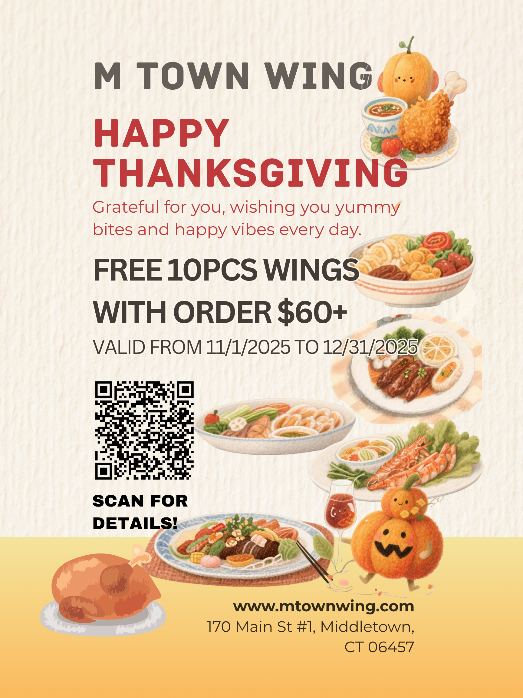 Promotional poster for M Town Wing. Offer of free 10pcs wings with $60+ order (11/1-12/31/2025.