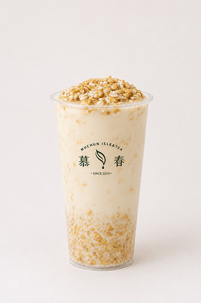 Barley grain milk tea filled with chewy cooked barley grains throughout creamy light milk base at Muchun Isle & Tea, a Bubble Tea Shop in Bayside.