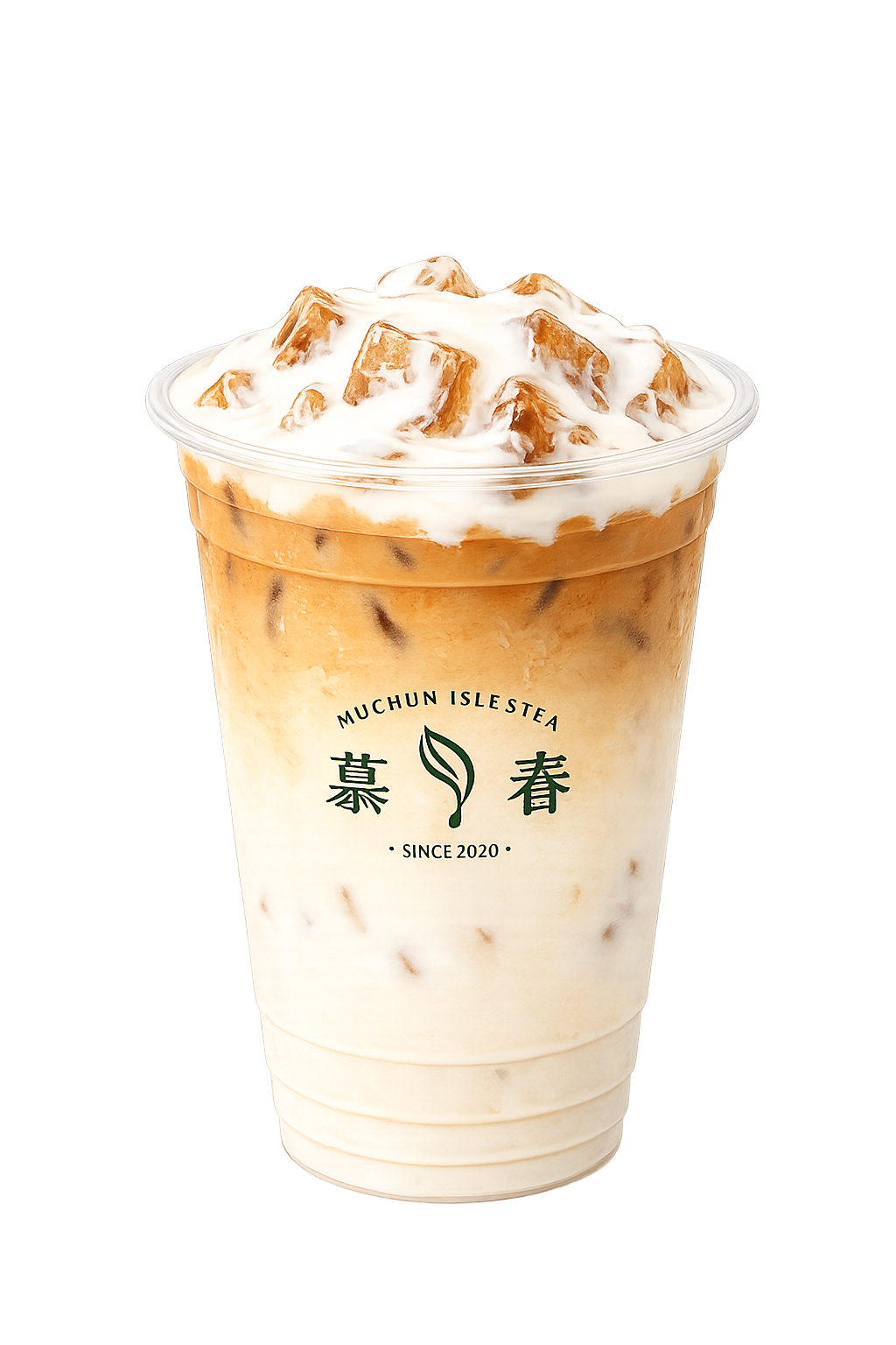 Two-toned iced milk tea with creamy frosted ice topping in branded plastic cup on plain white background at Muchun Isle & Tea, a Taiwanese crafted Tea & Bubble Tea Shop in Bayside