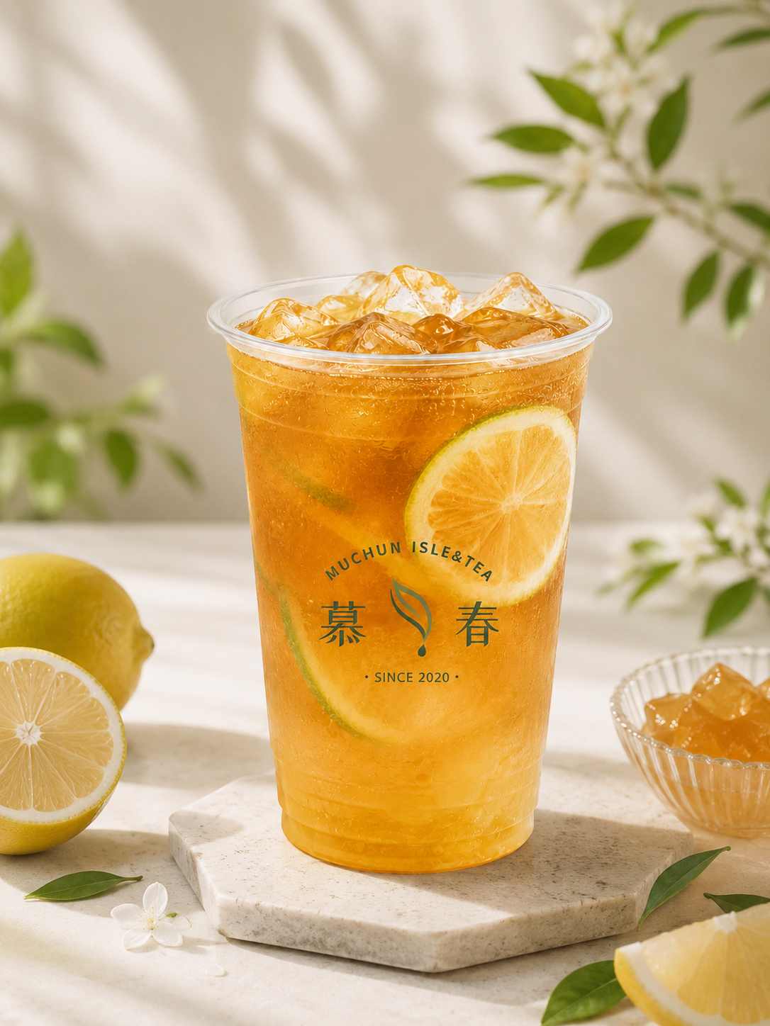 Refreshing golden iced lemon tea with citrus slices and clear ice in branded plastic cup on stone coaster at Muchun Isle & Tea, a Taiwanese crafted Tea & Bubble Tea Shop in Bayside