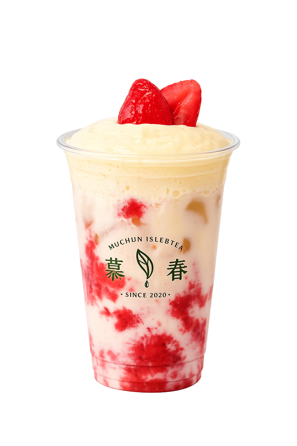 Strawberry swirled yogurt bubble tea with thick cream top and fresh strawberry garnish against solid white backdrop at Muchun Isle & Tea, a Taiwanese crafted Tea & Bubble Tea Shop in Bayside