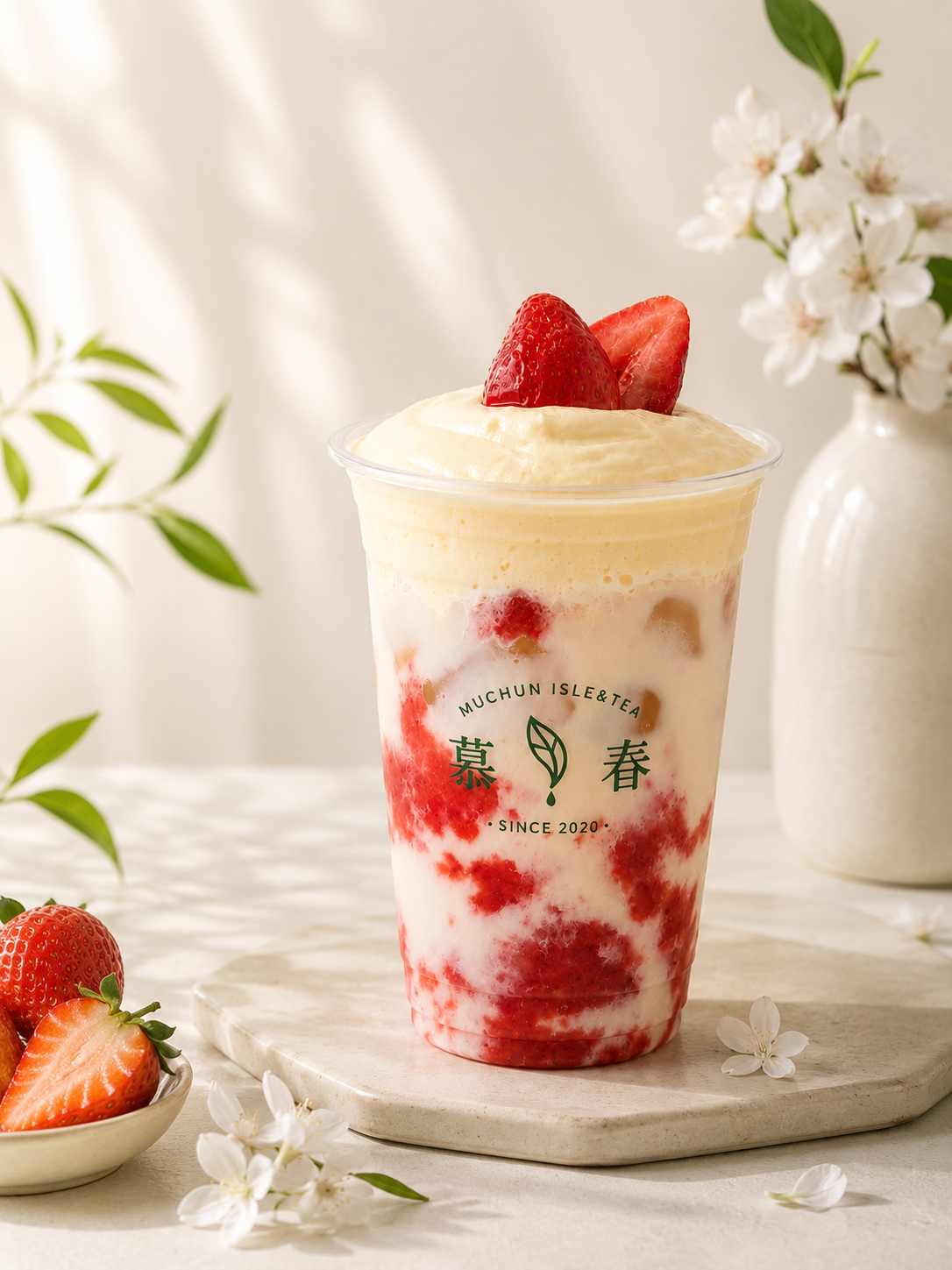 Layered strawberry yogurt bubble tea with cream top and fresh strawberry garnish on marble coaster at Muchun Isle & Tea, a Taiwanese crafted Tea & Bubble Tea Shop in Bayside