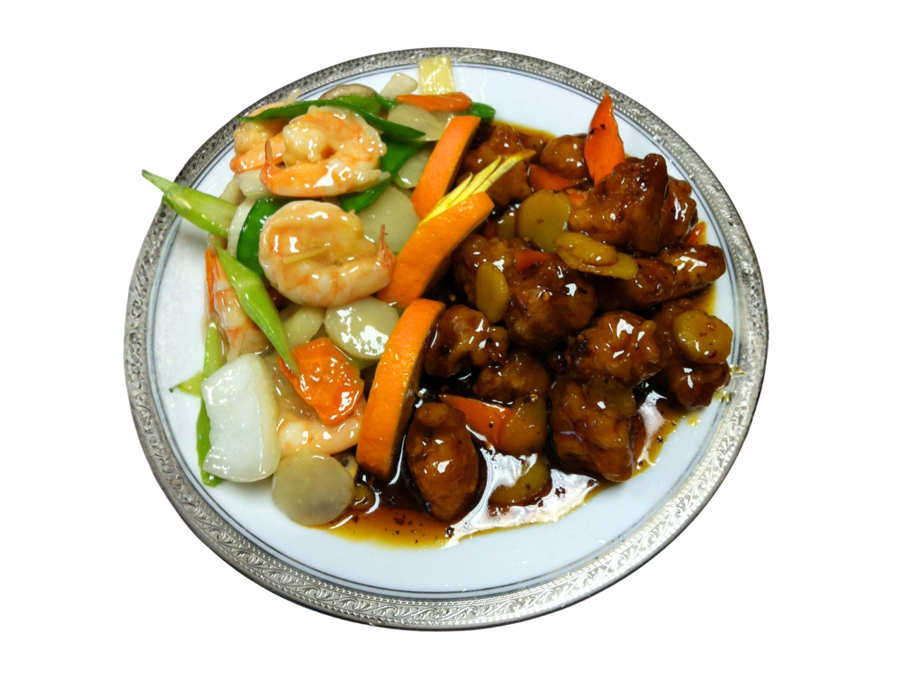 Orange chicken with shrimp and veggies at Chen's Kitchen, a Chinese Restaurant in McKinney