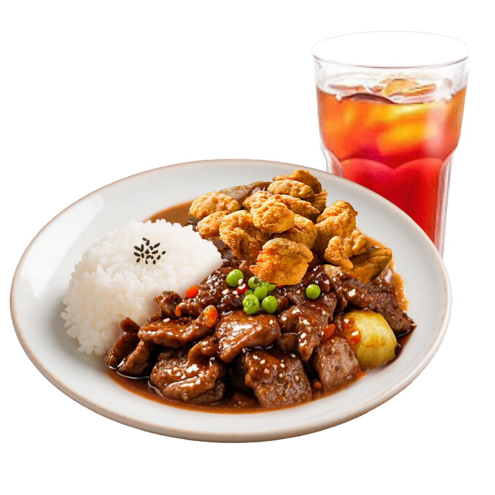 Myguabao-Restaurant-Chinese-Restaurant-Black-Pepper-Beef-and-Salted-Crispy-Chicken-Rice-Richmond Rice with black pepper beef, salted crispy chicken and iced tea.