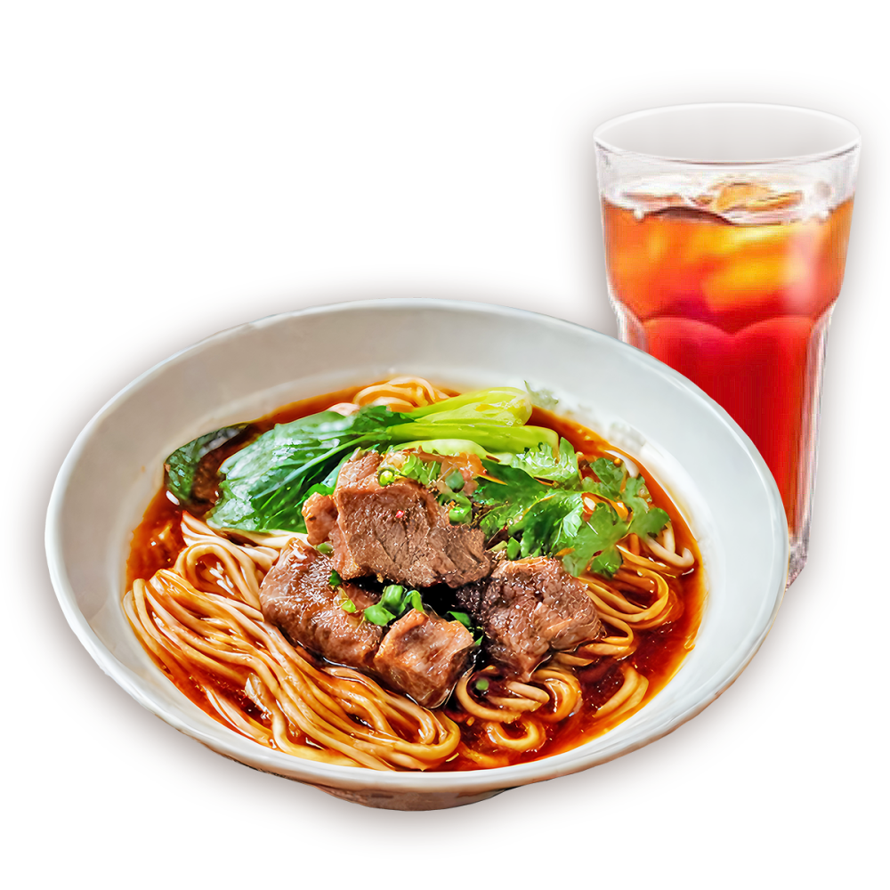 Myguabao-Restaurant-Chinese-Restaurant-Braised-Beef-Noodles-Richmond Noodles in broth with braised beef, greens and iced tea.