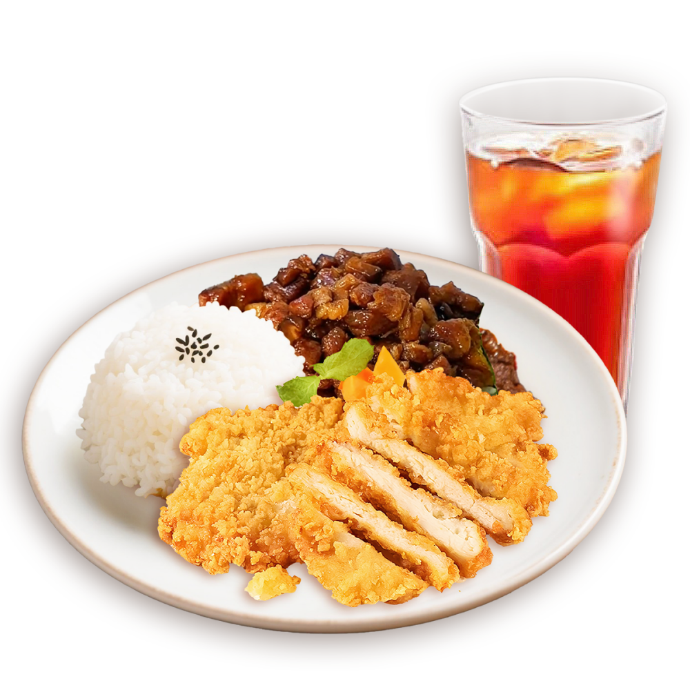 Myguabao-Restaurant-Chinese-Restaurant-Braised-Pork-and-Chicken-Cutlet-Rice-Richmond Rice with braised pork, chicken cutlet and iced tea.