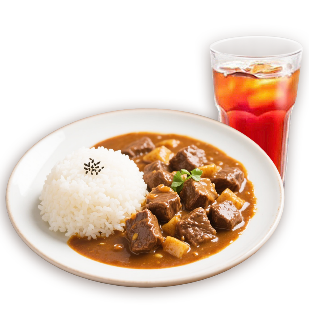 Myguabao-Restaurant-Chinese-Restaurant-Curry-Beef-Rice-Richmond Rice with curry beef stew and iced tea.