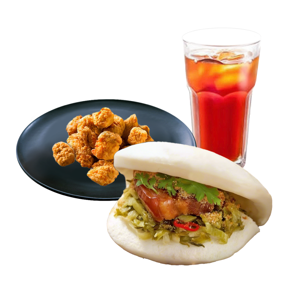 Myguabao-Restaurant-Chinese-Restaurant-Dongpo-Pork-Belly-Gua-Bao-and-Salted-Crispy-Chicken-Richmond Pork belly gua bao and salted crispy chicken with iced tea.