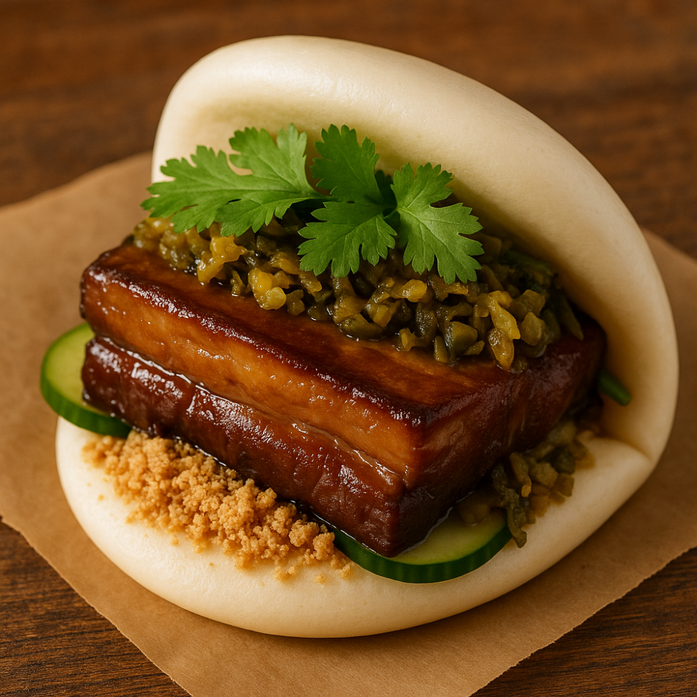 Myguabao-Restaurant-Chinese-Restaurant-Pork-Belly-Gua-Bao-Richmond Soft bun with braised pork belly, pickles and cilantro.
