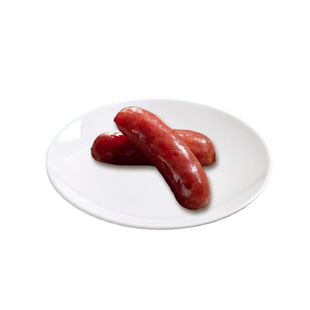 Myguabao-Restaurant-Chinese-Restaurant-Taiwanese-Big-Sausages-Richmond Two glazed Taiwanese sausages on white plate.
