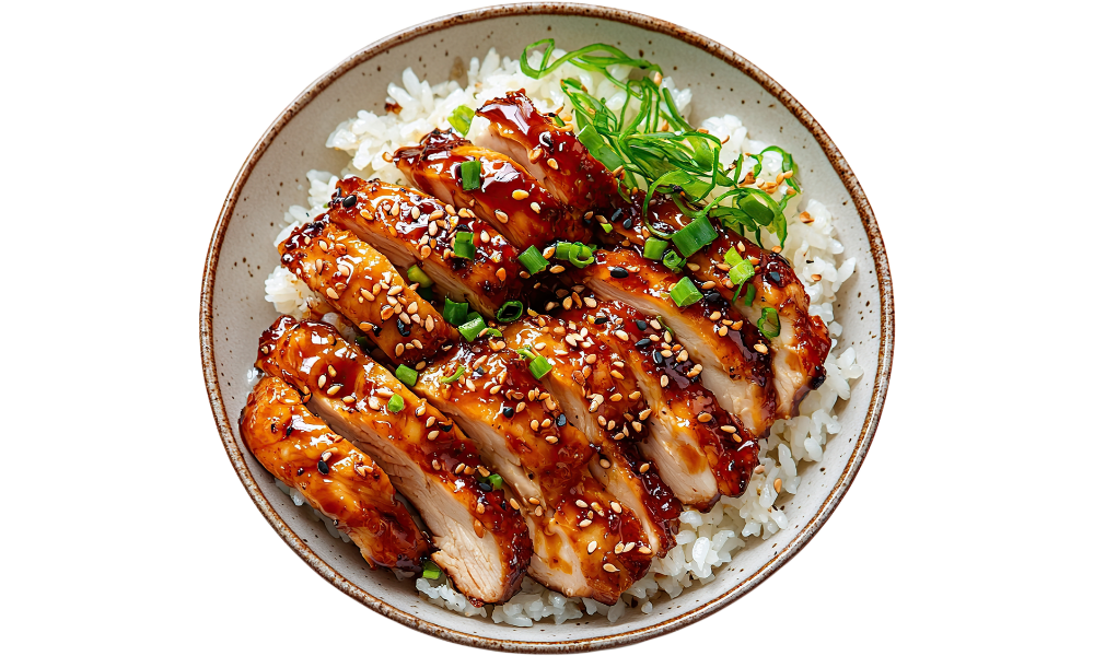 Teriyaki chicken slices over rice at Nagoya Teriyaki, a Japanese Restaurant in Gig Harbor