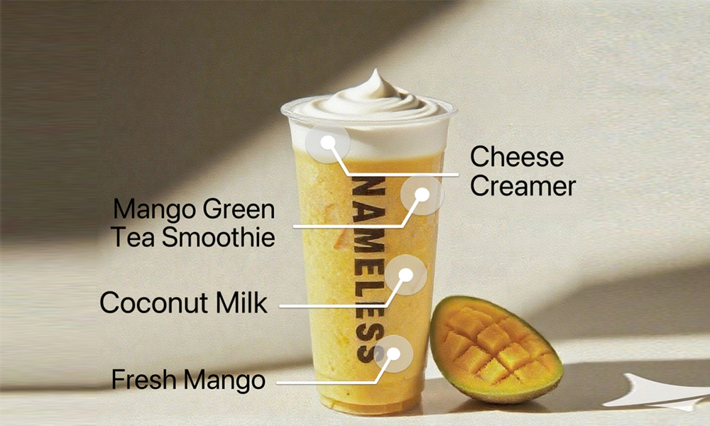 Mango green tea slush with cheese creamer, coconut milk and fresh mango at Nameless Tea&Coffee, a Coffee Shop in Sacramento