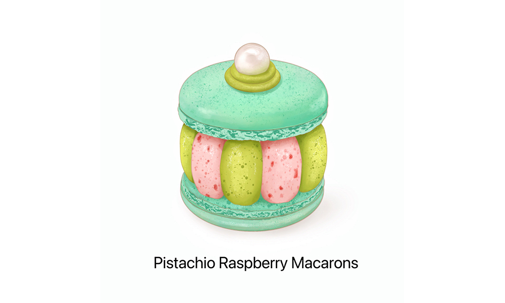 Pistachio raspberry macarons with pearl garnish at Nameless Tea&Coffee, a Coffee Shop in Sacramento