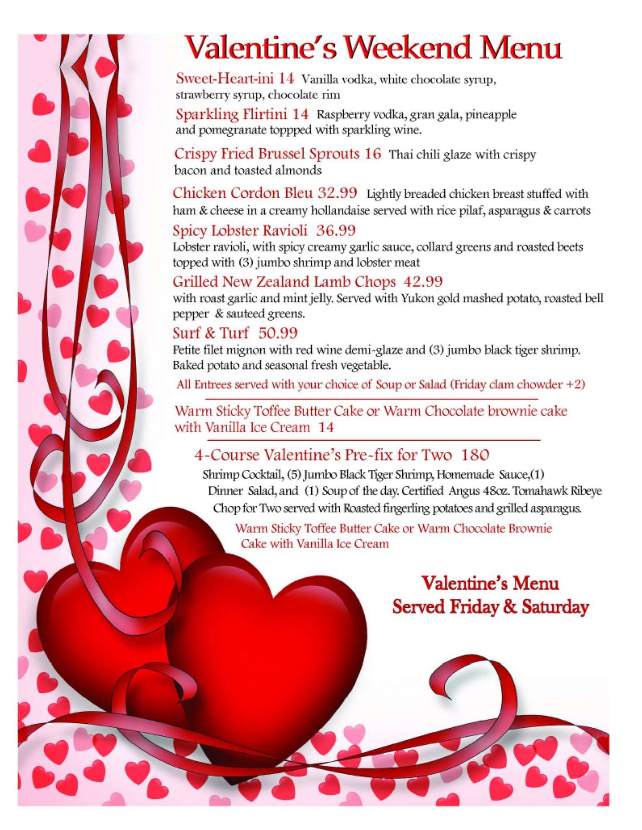 A Valentine's Day menu with heart decorations featuring cocktails like 