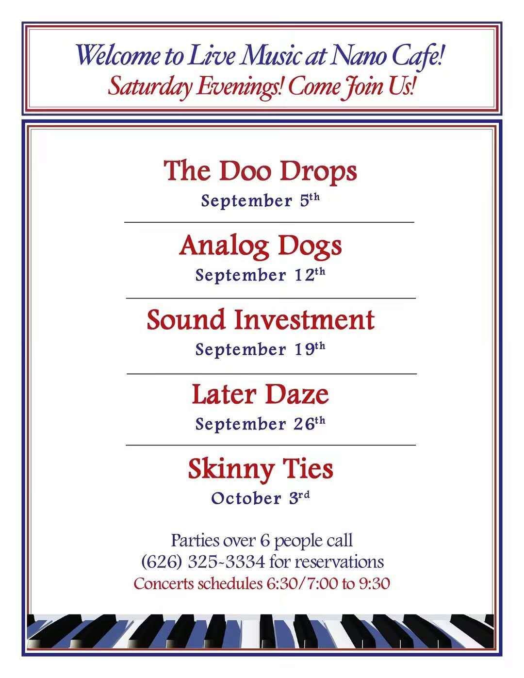 Nano Cafe's live music lineup poster showcases the Saturday evening shows from September to October, including show dates and reservation phone numbers.