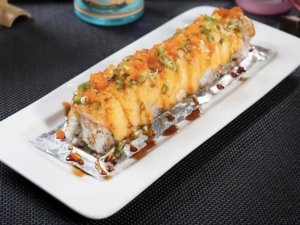 Baked salmon roll with tobiko at Narumi Sushi, a Japanese Restaurant in Rancho Cordova