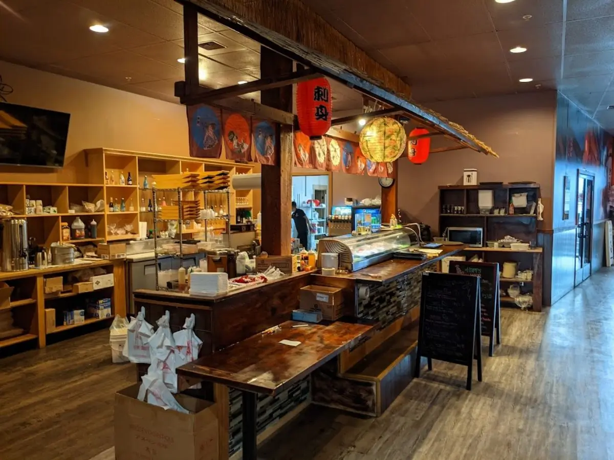 Sushi restaurant interior with counter and decor at Sora Sushi in Prineville