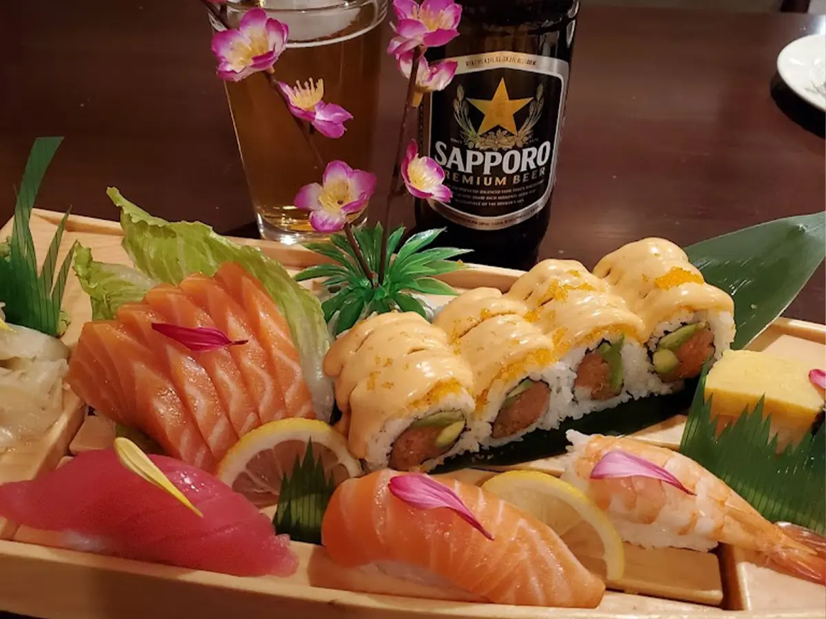Salmon sushi with Sapporo beer at Sora Sushi in Prineville