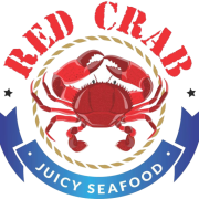 Red Crab Juicy Seafood circular logo, central red crab illustration inside golden rope ring, arched red text "RED CRAB" above, blue ribbon banner reads "JUICY SEAFOOD", small black stars on white background