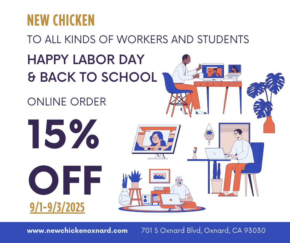Labor Day & Back to School Promotion: 15% off online orders at New Chicken, September 1–3, 2025.
