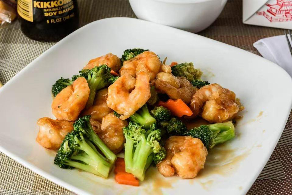 Shrimp and broccoli stir-fry in a savory sauce at New China Two，a Chinese Restaurant in Redding