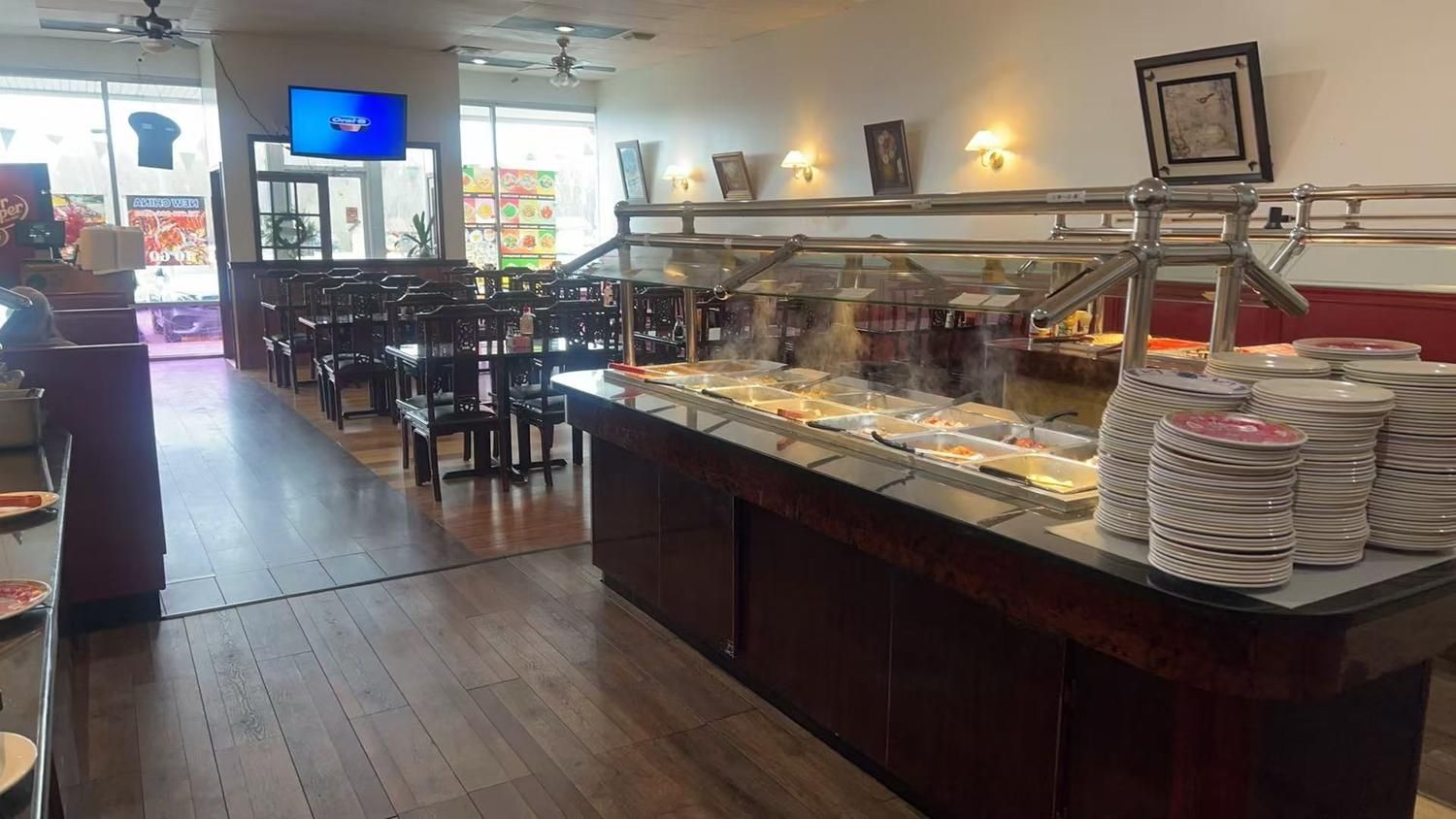 Spacious dining hall with buffet line at New China Buffet Restaurant in Huntingdon