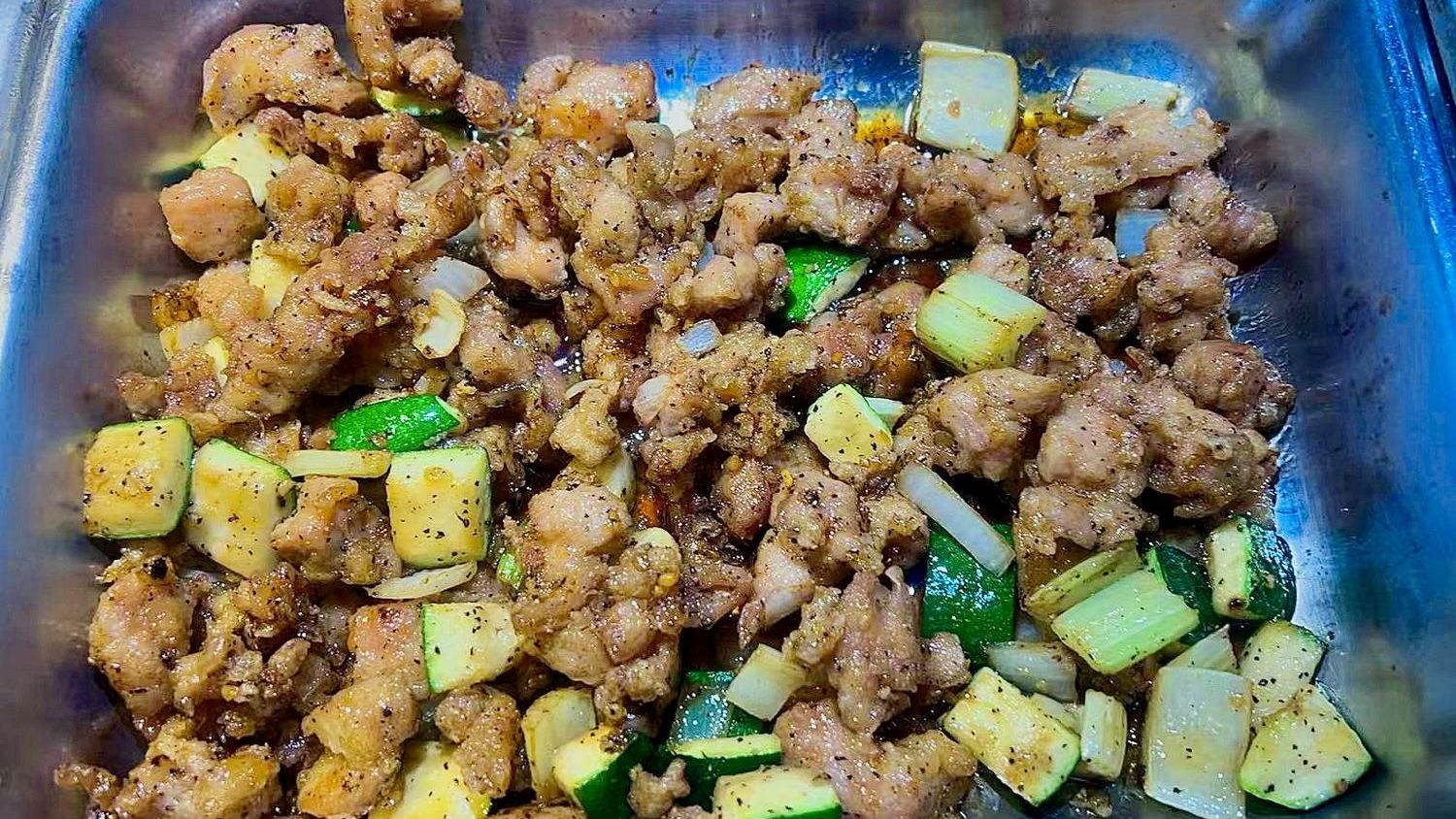 Pepper chicken with zucchini at New China Buffet Restaurant in Huntingdon