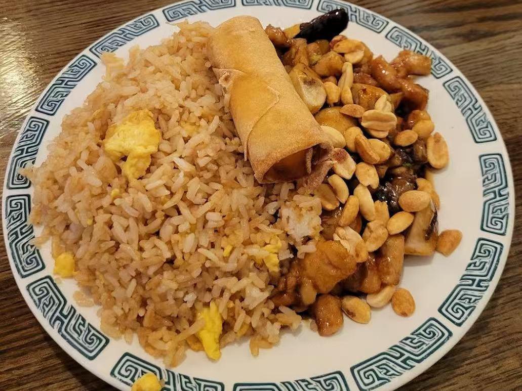New-Chinatown-Restaurant-Chinese-restaurant-Fried-Rice-With-Egg-Roll-Jackson Fried rice with egg, egg roll and nutty chicken at New Chinatown Restaurant, a Chinese restaurant in Jackson