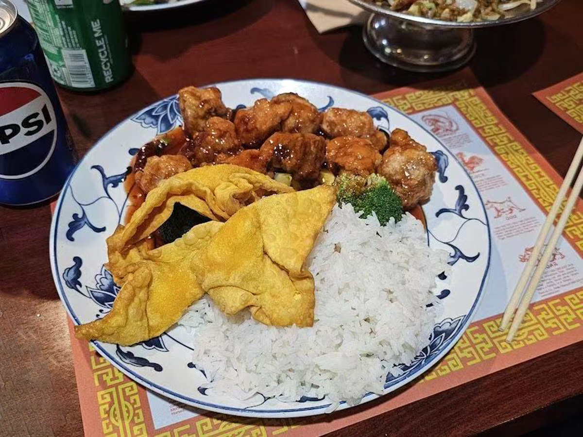 Plate with rice, meatballs and fried tofu at New Golden Abacus, a Chinese Restaurant in Norwood