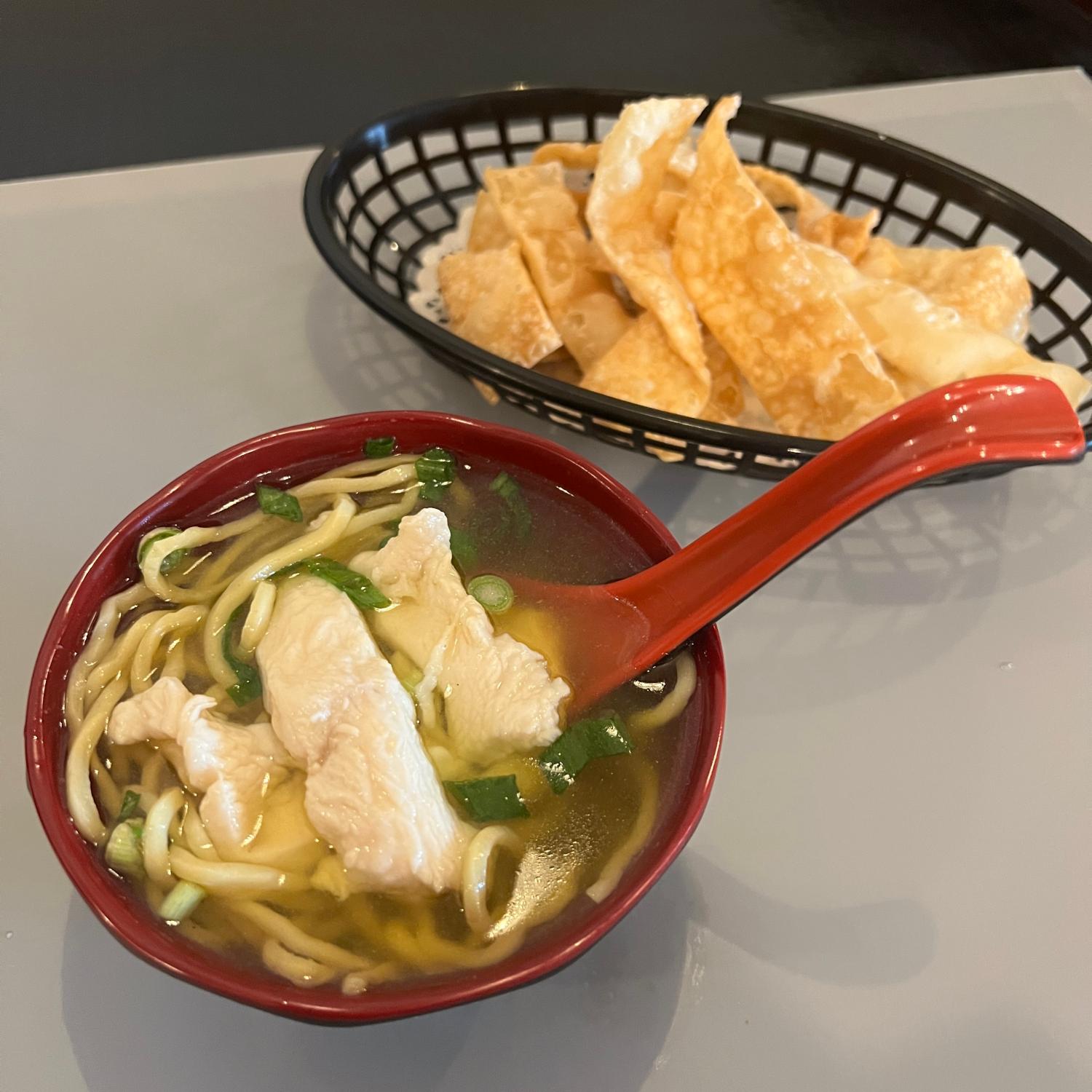 New-Imperial-Chinese-Restaurant-Chicken-Noodle-Soup-Easton Warm chicken noodle soup with crispy wonton strips at New Imperial, a Chinese Restaurant in Easton