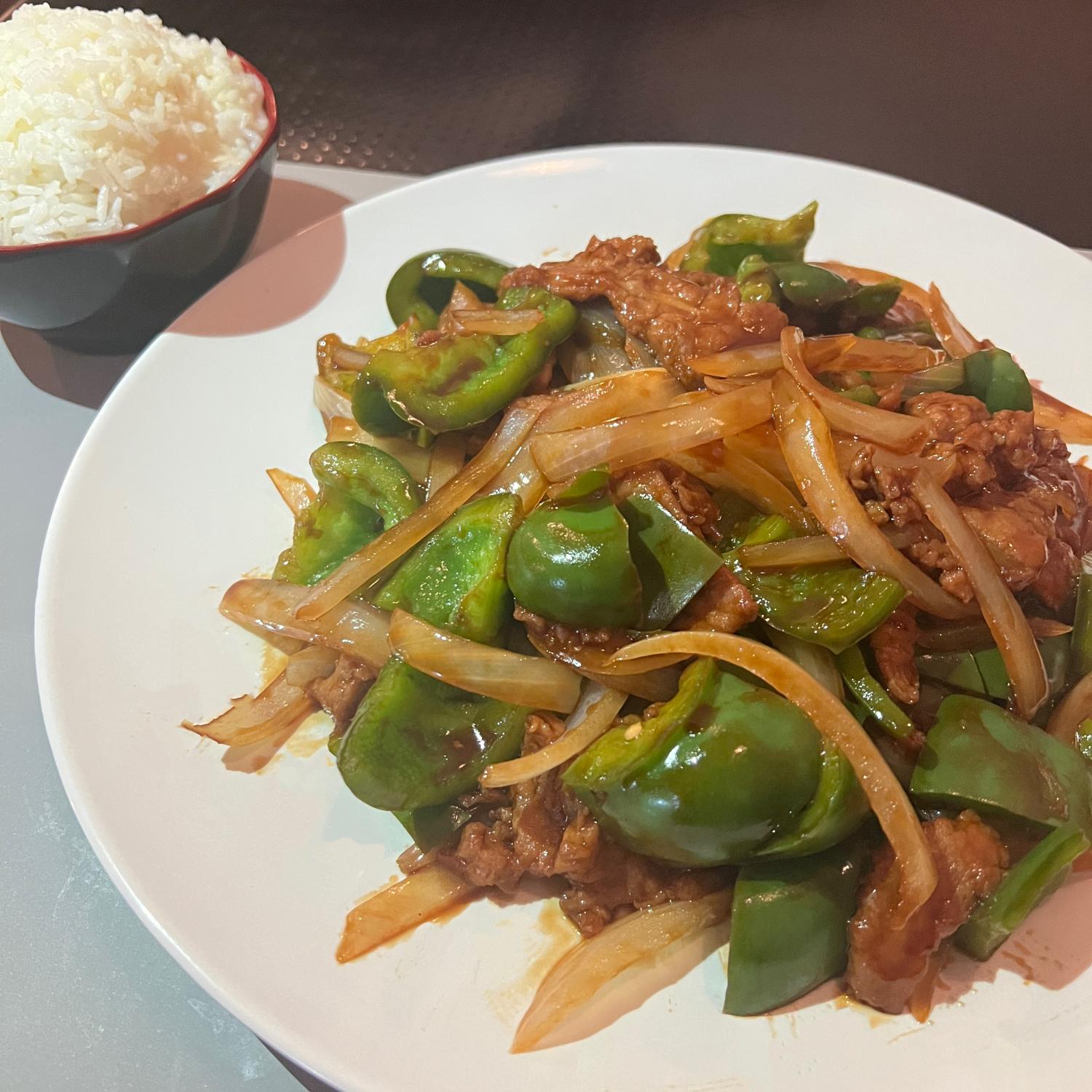 New-Imperial-Chinese-Restaurant-Pepper-Steak-Easton Tender pepper steak with green peppers and onions, served with rice at New Imperial, a Chinese Restaurant in Easton