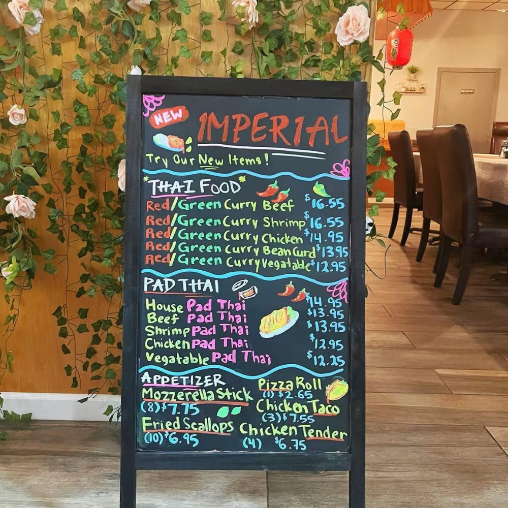 The menu board with Thai food, Pad Thai, and appetizers at New Imperial, a Chinese Restaurant in Easton.