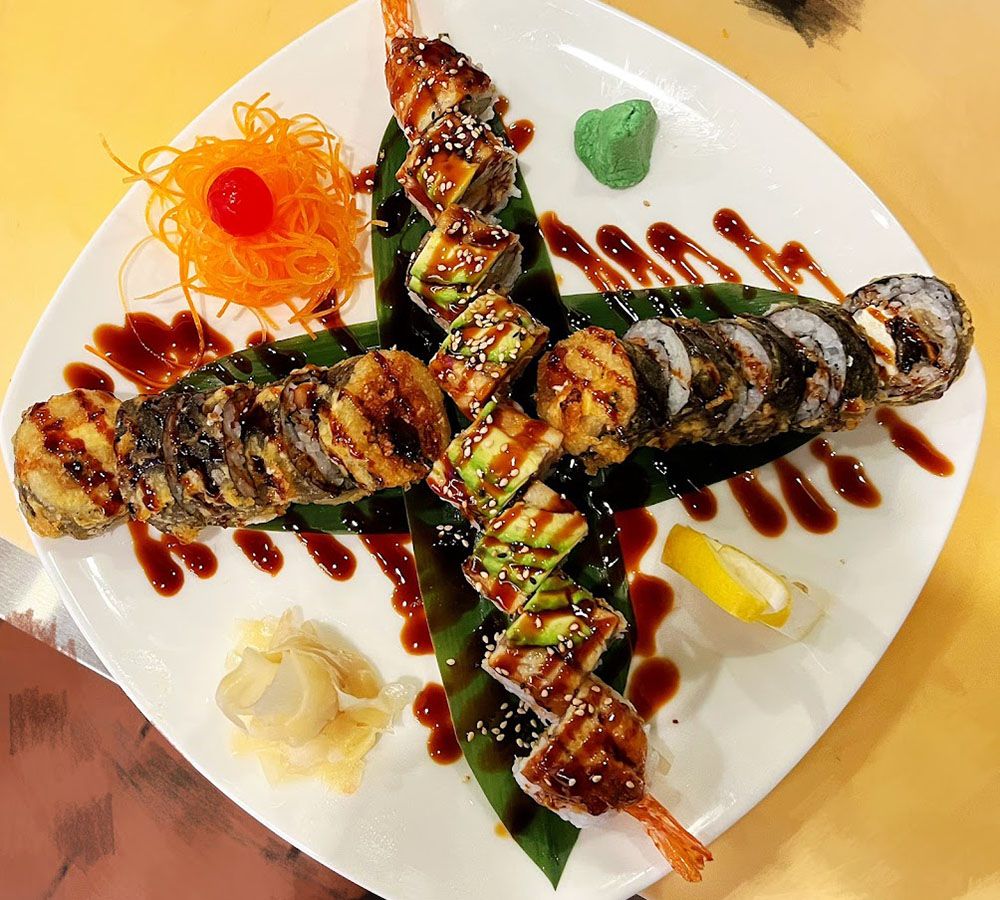 Assorted tempura sushi rolls on plate at New Ing's Palace, a Asian Restaurant in Burbank
