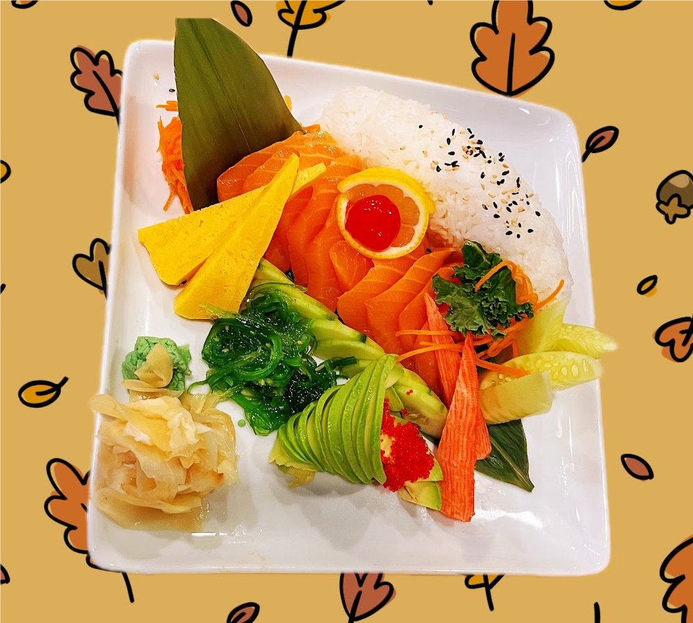 Salmon sashimi combo with assorted side dishes at New Ing's Palace, a Asian Restaurant in Burbank