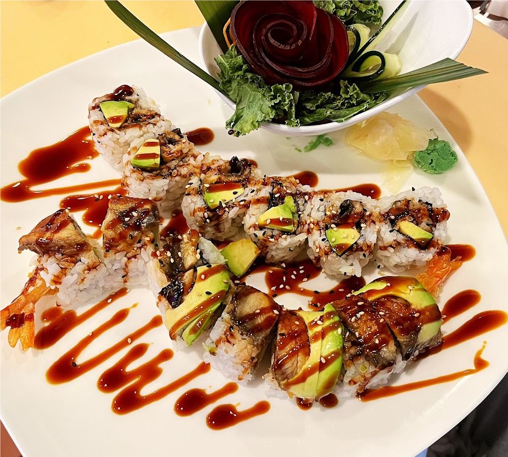 Sushi roll with eel, shrimp and avocado at New Ing's Palace, a Asian Restaurant in Burbank