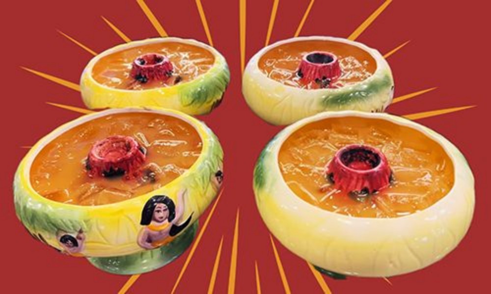 Vintage ceramic cocktail bowls with drinks at New Ing's Palace, a Asian Restaurant in Burbank