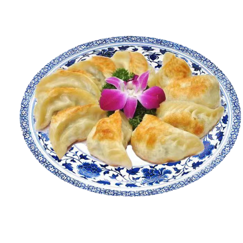 Golden pan-fried dumplings garnished with an orchid at New Panda 2, a Chinese Restaurant in Gaston