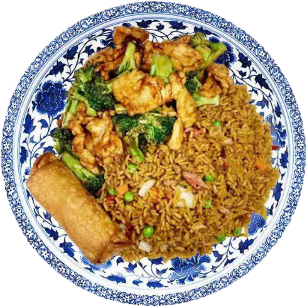 Shrimp stir-fry combo with fried rice and egg roll at New Panda 2, a Chinese Restaurant in Gaston