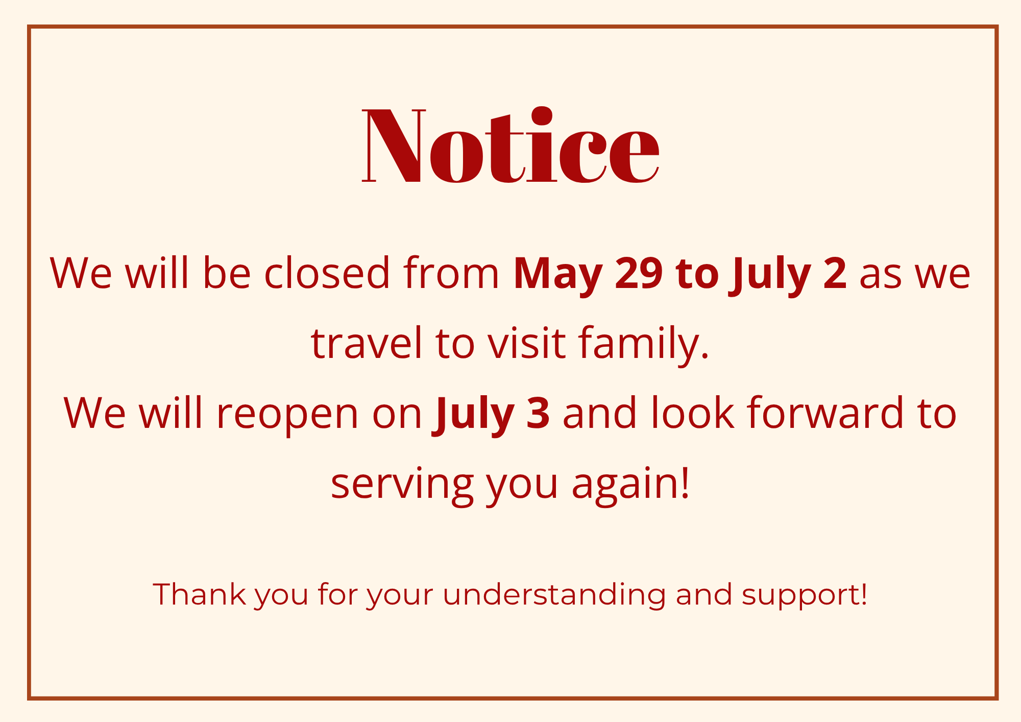 Notice of Special Operating Hours