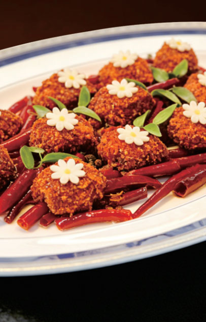 Spicy fried meatballs with chili garnish at New Shanghai No. 1, a Chinese restaurant in San Gabriel