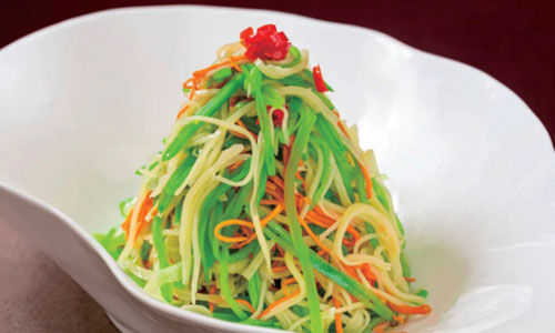 Shredded veggie salad with chili garnish at New Shanghai No. 1, a Chinese restaurant in San Gabriel
