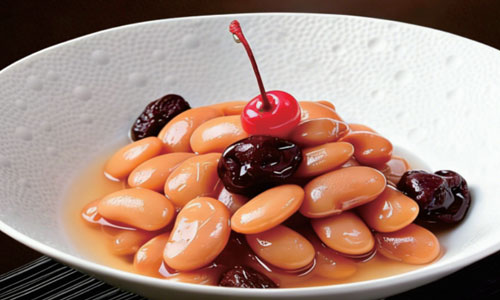 Sweet braised beans with red dates and cherry garnish at New Shanghai No. 1, a Chinese restaurant in San Gabriel