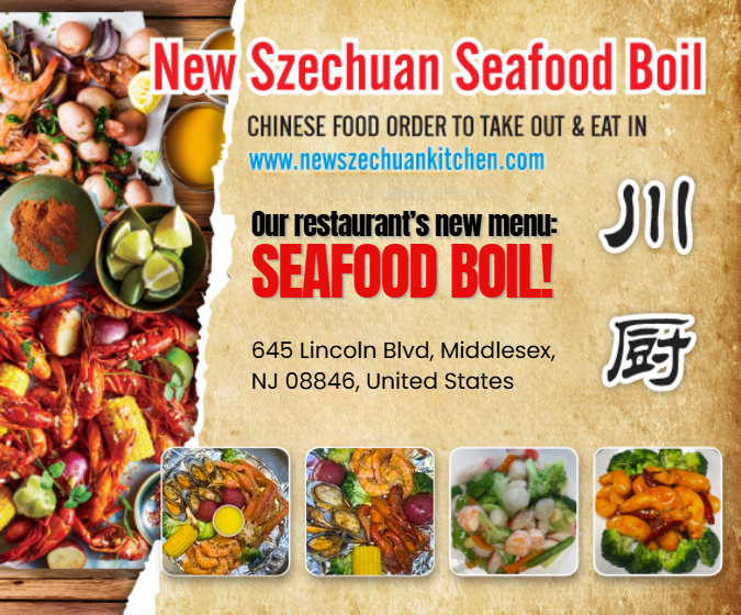 Title: New Szechuan Seafood Boil Restaurant
Alt: Flyer for New Szechuan Seafood Boil, showing seafood boil dishes, Chinese food.
 