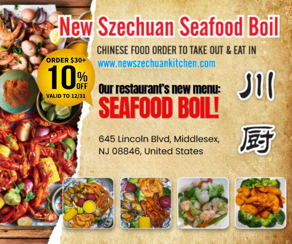 New Szechuan Seafood Boil promo: New seafood boil menu (takeout/eat-in). 