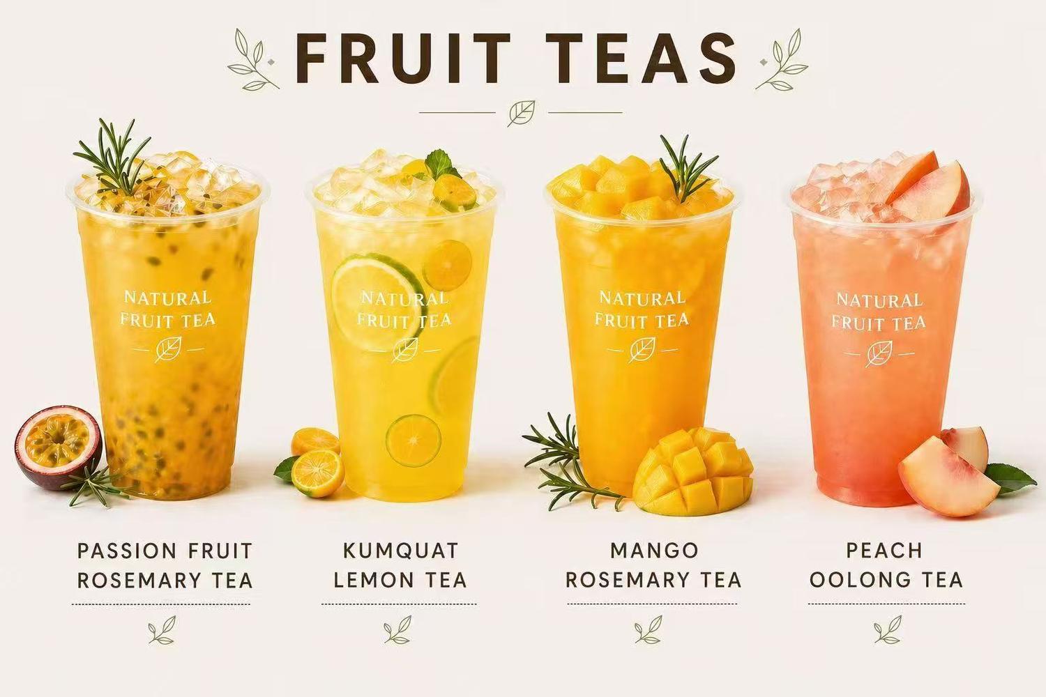 Four kinds of icy fresh fruit teas with seasonal fruits at New Tokyo Sushi, a Sushi Restaurant in Jamaica