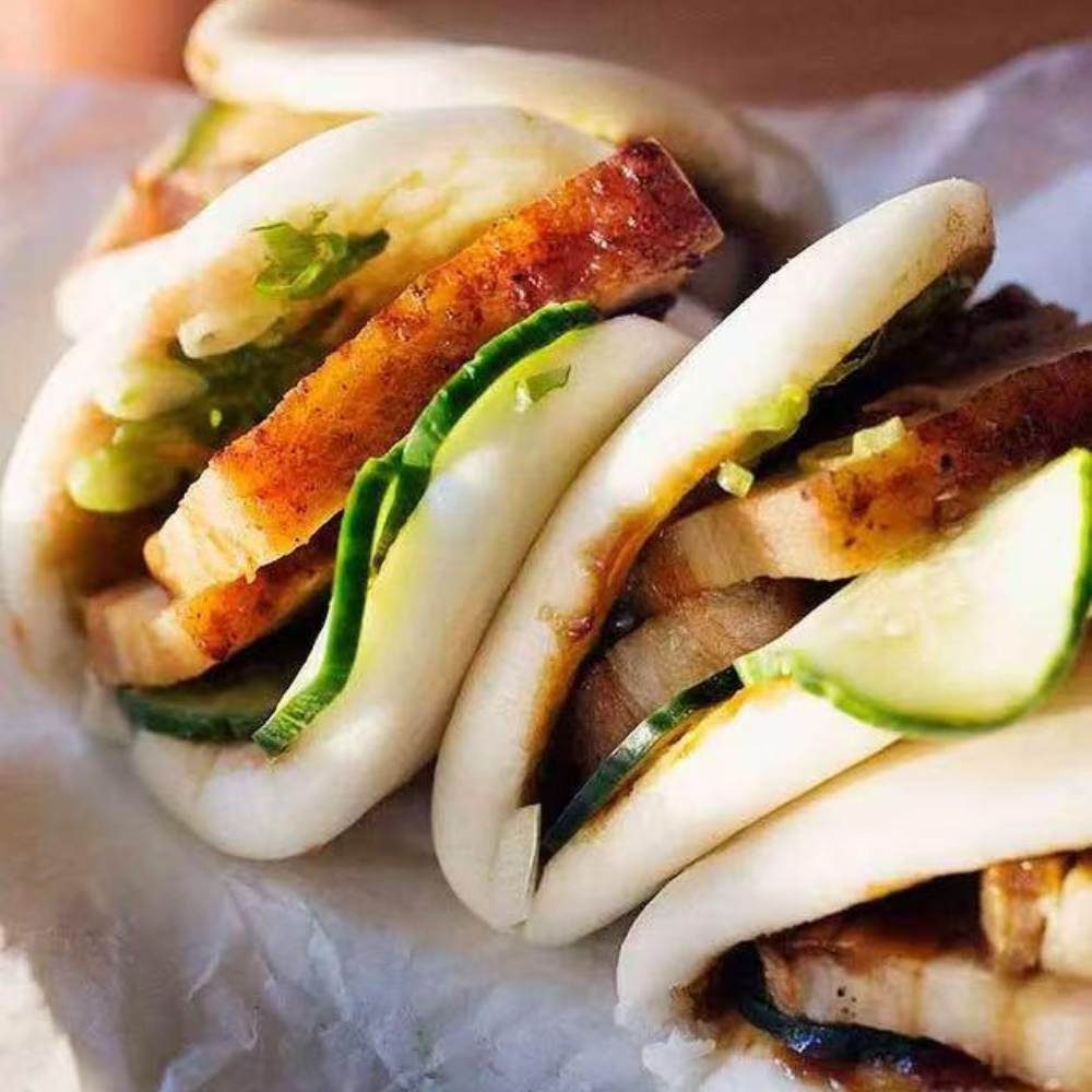 Steamed bun filled with roasted pork and cucumber slices at New Tokyo Sushi, a Sushi Restaurant in Jamaica