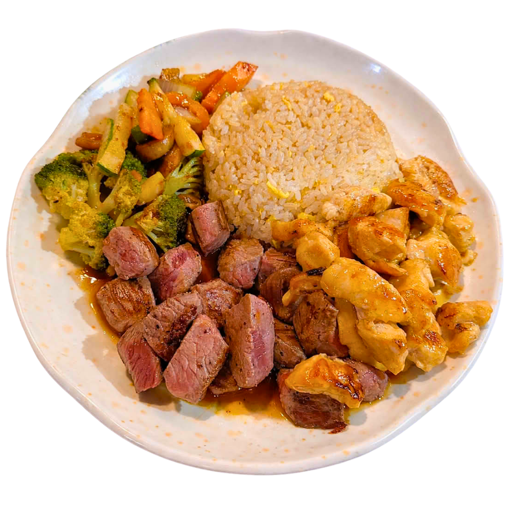 Steak and chicken hibachi with fried rice and veggies at New Tokyo & Ichiban Japanese Grill, a Japanese Restaurant in Tupelo